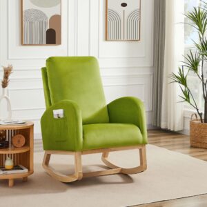 upholstered rocking chair, modern nursery rocking armchair, mid-century accent glider rocker with side pocket & tall backrest, comfy armchair for bedroom living room lounge(green)