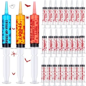 Poen 48 Pack Jelly Shot Syringes with Cap for Halloween Party 2oz 60ml Reusable Containers with Lids Plastic Tubes Boo Spooky Trick or Treat Happy Halloween Bloody Handprint Drink Syringes for Parties