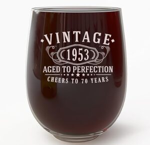 vintage 1953 etched 17oz stemless wine glass – happy 70th birthday gifts for women men, cheers to turning 70 year old decorations decor, 70th bday party favors supplies, best gift ideas her woman 1.0
