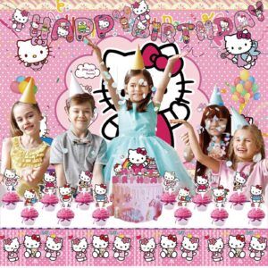 Kitty Birthday Party Supplies, Cute Kitty Party Favor Pink Party Decorations includes Happy Birthday Banner, Balloons, Backdrop, Cake Topper, Tablecloth, Hanging Swirl