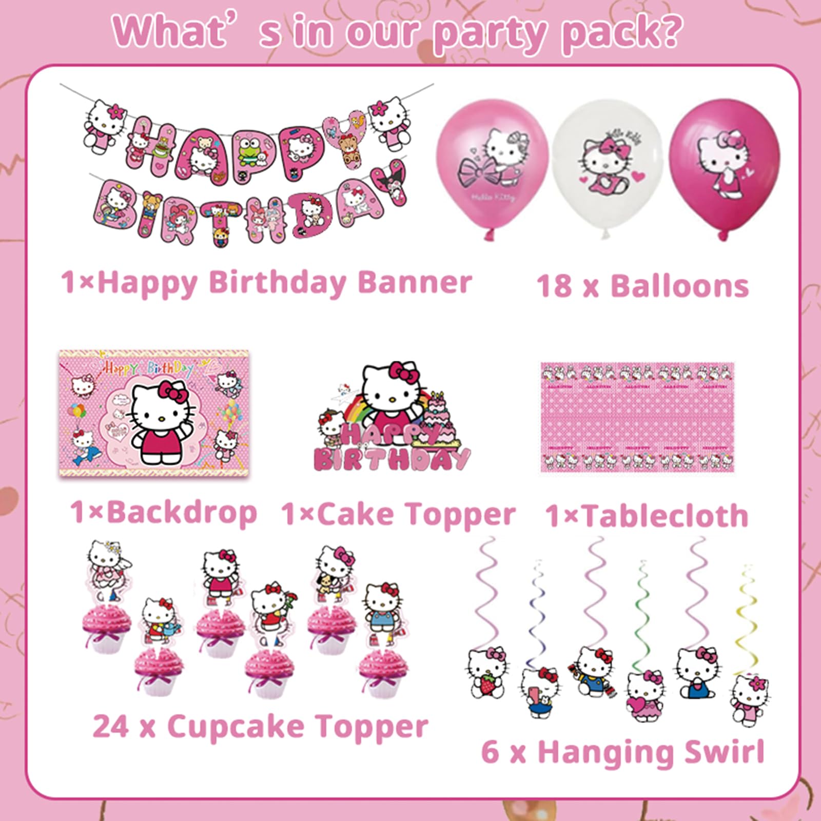 Kitty Birthday Party Supplies, Cute Kitty Party Favor Pink Party Decorations includes Happy Birthday Banner, Balloons, Backdrop, Cake Topper, Tablecloth, Hanging Swirl