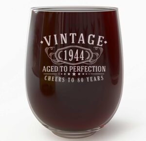 vintage 1943 etched 17oz stemless wine glass – happy 80th birthday gifts for women men, cheers to turning 80 year old decorations decor, 80th bday party favors supplies, best gift ideas her woman 1.0