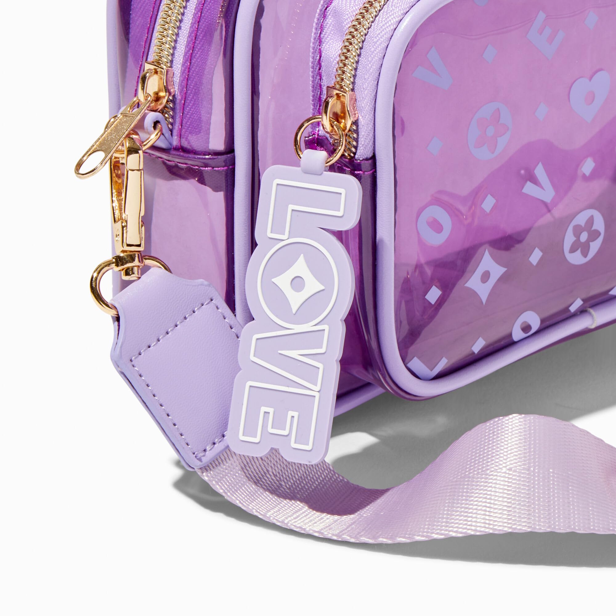 Claire's Accessories Purple Status LOVE Icon Bag – Transparent Camera-Style Crossbody - Purse with Adjustable Strap – Ideal Small Purse for Travelling – Cute One Size Girls Crossbody