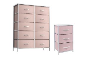 sorbus kids dresser with 10 drawers and 3 drawer nightstand bundle - matching furniture set - storage unit organizer chests for clothing - bedroom, kids rooms, nursery, & closet (pink)