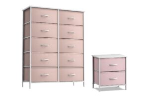 sorbus kids dresser with 10 drawers and 2 drawer nightstand bundle - matching furniture set - storage unit organizer chests for clothing - bedroom, kids rooms, nursery, & closet (pink)