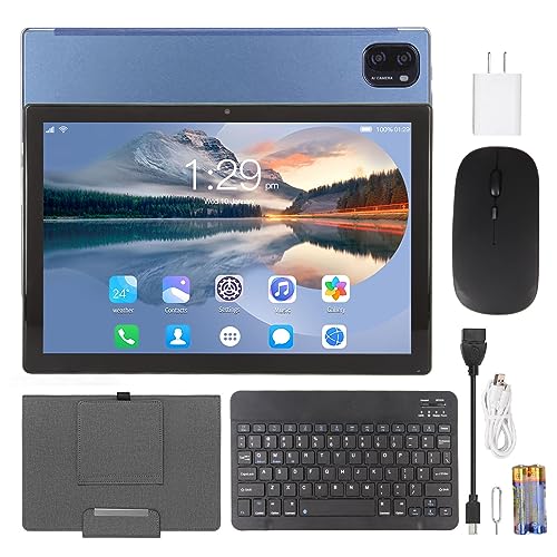 HD Tablet, 5G WiFi 4G LTE Dual Camera Octa Core CPU 2 in 1 Blue Tablet with Keyboard and Mouse for Family (US Plug)