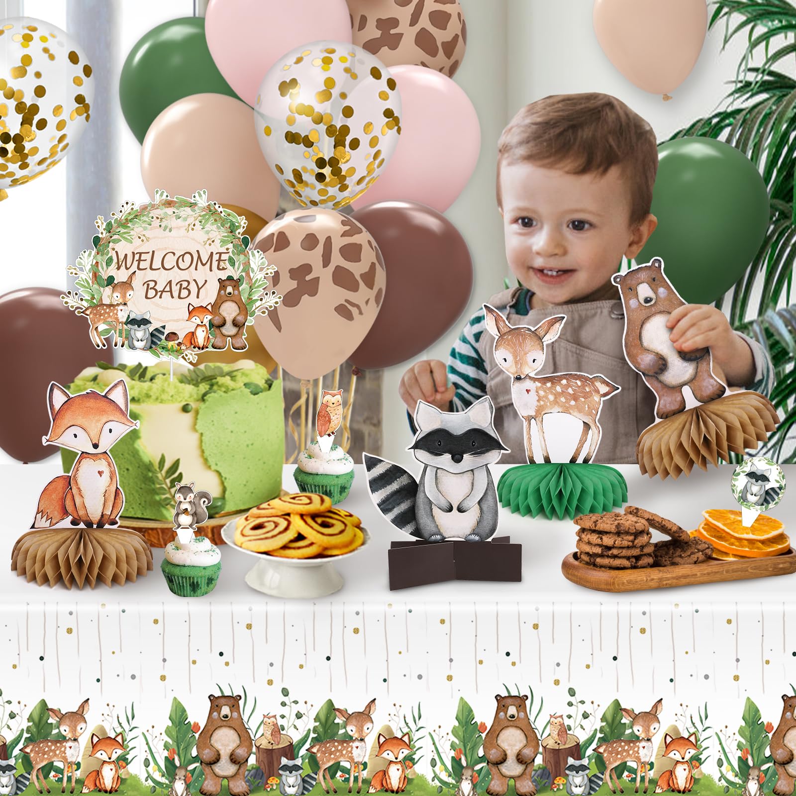 Woodland Baby Shower Decorations Woodland Animals Decoration Forest Animal Neutral Gender Reveal Party Supplies Balloons Backdrop Cake Topper Tablecloth, 84 Pcs Woodland Themed Birthday Party Decor