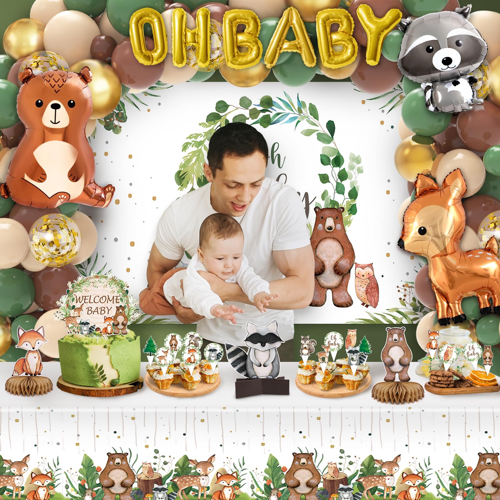 Woodland Baby Shower Decorations Woodland Animals Decoration Forest Animal Neutral Gender Reveal Party Supplies Balloons Backdrop Cake Topper Tablecloth, 84 Pcs Woodland Themed Birthday Party Decor