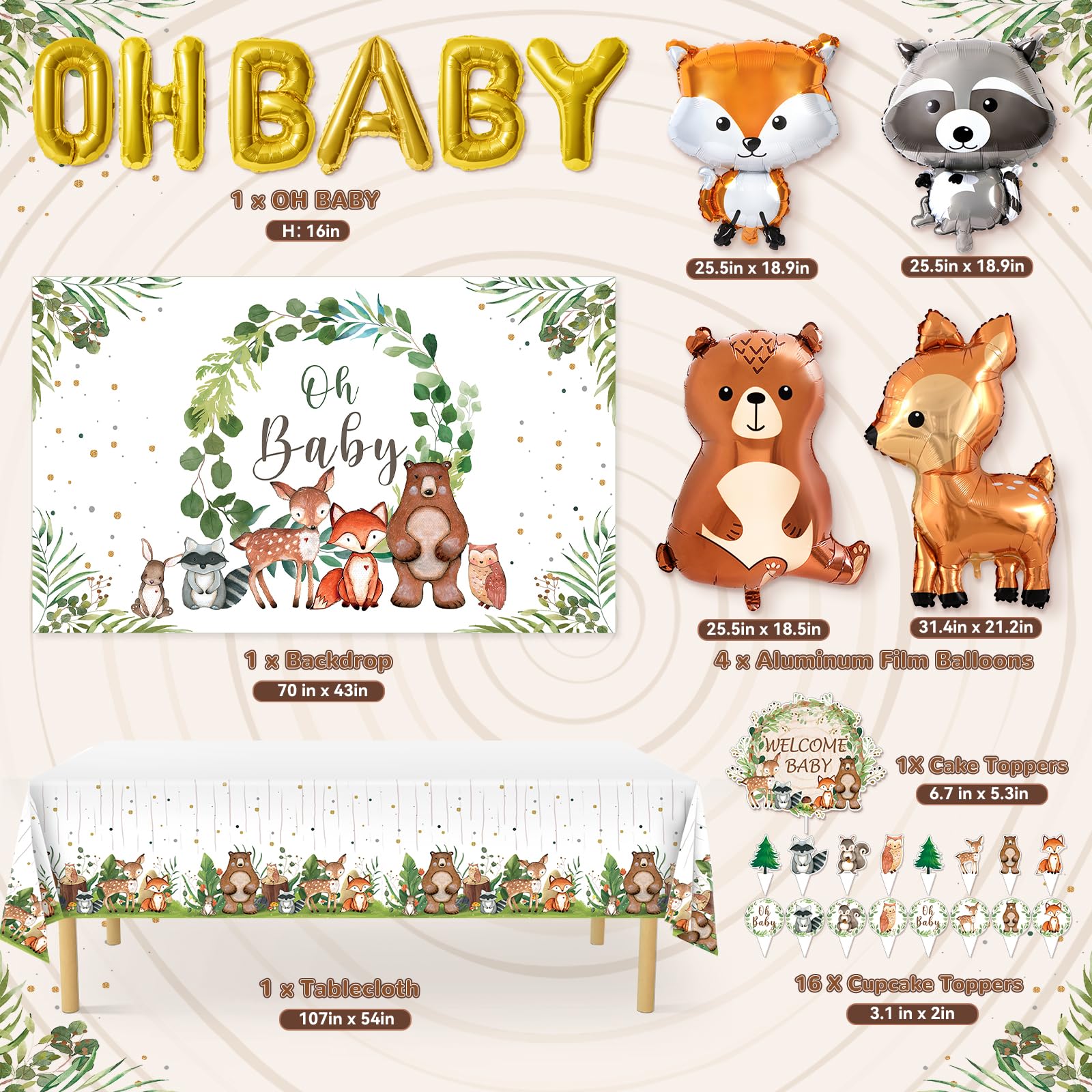 Woodland Baby Shower Decorations Woodland Animals Decoration Forest Animal Neutral Gender Reveal Party Supplies Balloons Backdrop Cake Topper Tablecloth, 84 Pcs Woodland Themed Birthday Party Decor