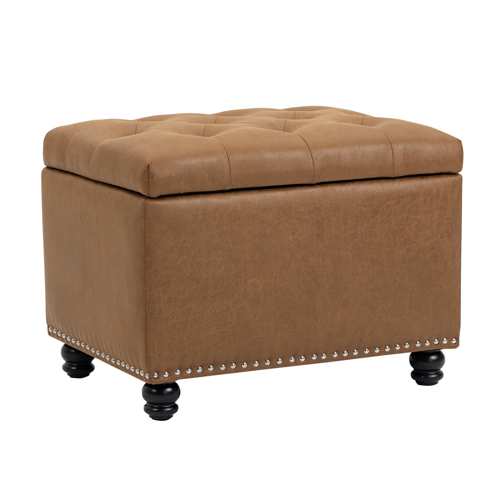 J.C.UP Upholstered Tufted Storage Ottoman, Storage Ottoman Footstool with Safety Hinge Button-Tufted Seat, Storage Bench for Bedroom Living Room Storage Toy Box Brown-Faux Leather