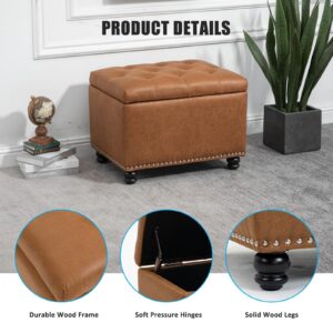 J.C.UP Upholstered Tufted Storage Ottoman, Storage Ottoman Footstool with Safety Hinge Button-Tufted Seat, Storage Bench for Bedroom Living Room Storage Toy Box Brown-Faux Leather