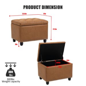 J.C.UP Upholstered Tufted Storage Ottoman, Storage Ottoman Footstool with Safety Hinge Button-Tufted Seat, Storage Bench for Bedroom Living Room Storage Toy Box Brown-Faux Leather