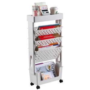 5 tier rolling utility cart mobile bookshelf cart with wheels, movable book case document files storage cart, slim rolling storage book cart for school,bedroom,classroom,office,library,kids room
