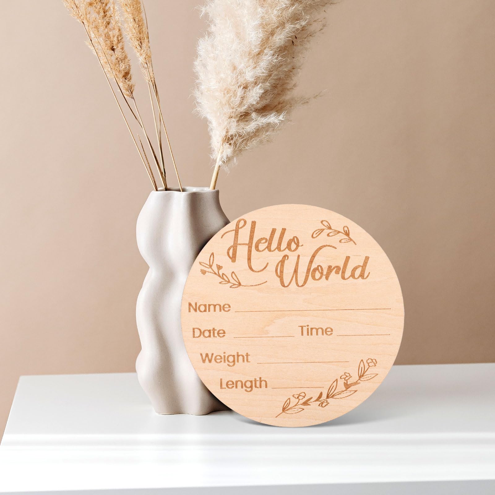 Wooden Baby Name Announcement Sign, 6inch Diameter Hello World Newborn Sign Birth Announcement Sign New Baby Sign for Hospital Nursery New Parents Baby Shower