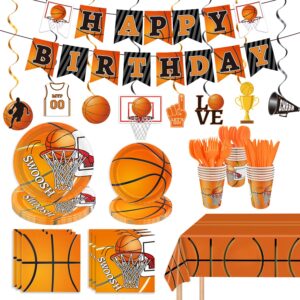 178 pcs basketball theme birthday party decorations basketball party supplies set include plates, napkin, cup, fork, knives, spoon, tablecloth, banner for kids and adults, serves 24 guests