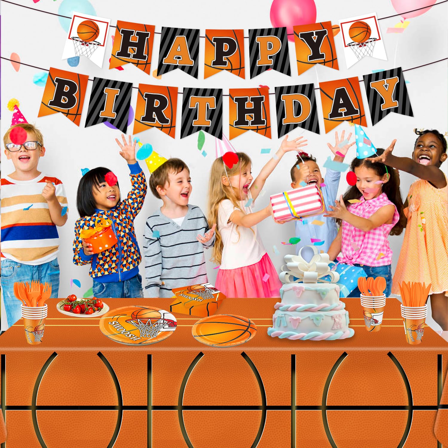 178 Pcs Basketball Theme Birthday Party Decorations Basketball Party Supplies Set Include Plates, Napkin, Cup, Fork, Knives, Spoon, Tablecloth, Banner for Kids and Adults, Serves 24 Guests