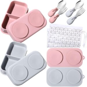 uiifan 2 pack baby suction plate set silicone suction plate baby with lid divided suction bowls for baby portable toddler utensils compact for self feeding baby travel essential (gray, pink)