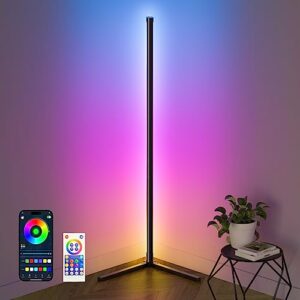 cocanree corner floor lamp, 47" rgb+ic led standing lamp compatible with alexa & google assistant, app&remote control color changing gaming light diy mode/music sync, for home decoration (black)