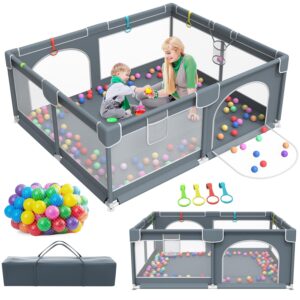 baby playpen, 79" x 63" extra large play yard playpen for babies and toddlers with 50 ocean balls, indoor & outdoor safety baby activity center with breathable mesh, anti-slip suckers and zipper gate