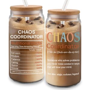 tikem kitch chaos coordinator gifts for women - thank you gift for coworker - boss lady gifts for women - teacher appreciation gifts ideas - 16oz glass coffee cup with lid and straw (1 count)