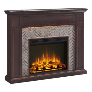 legendflame fireplace suite hesper, 52 inch mantel surround, espresso oak with brown brick finish with 26 inch electric fireplace insert, heater, timer, mood light, remote control