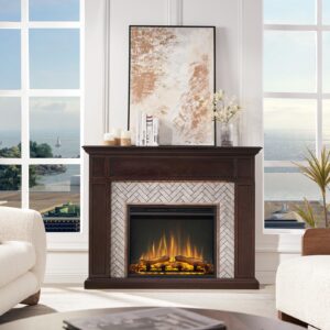 LegendFlame Fireplace Suite Hesper, 52 Inch Mantel Surround, Espresso Oak with Brown Brick Finish with 26 Inch Electric Fireplace Insert, Heater, Timer, Mood Light, Remote Control