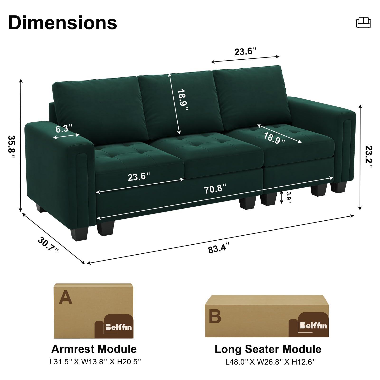 Belffin Velvet Modular Sofa Couch 3 Seater Sofa Couch for Living Room Green