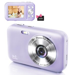 digital camera, fhd 1080p kids camera with 32gb sd card 44mp point and shoot camera with 16x digital zoom, compact portable small digital camera for teens students kids girls boys beginner-purple