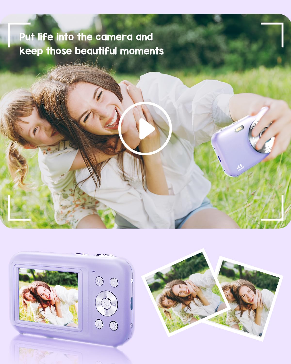 Digital Camera, FHD 1080P Kids Camera with 32GB SD Card 44MP Point and Shoot Camera with 16X Digital Zoom, Compact Portable Small Digital Camera for Teens Students Kids Girls Boys Beginner-Purple