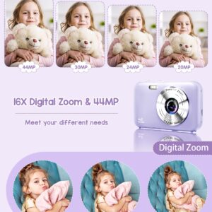 Digital Camera, FHD 1080P Kids Camera with 32GB SD Card 44MP Point and Shoot Camera with 16X Digital Zoom, Compact Portable Small Digital Camera for Teens Students Kids Girls Boys Beginner-Purple