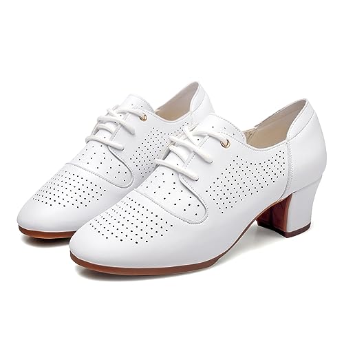 RUYBOZRY Women Latin Dance Practice Shoes Lace Up Modern Salsa Ballroom Performance Dance Shoes WDL-K8-White-2 Heel,US 8.5