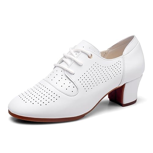 RUYBOZRY Women Latin Dance Practice Shoes Lace Up Modern Salsa Ballroom Performance Dance Shoes WDL-K8-White-2 Heel,US 8.5