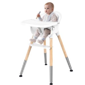 bellababy baby high chair, classic wooden baby high chair for babies & toddlers, 5-point harness, removable tray, ergonomic seat back, easy to assemble and clean, lightweight, white