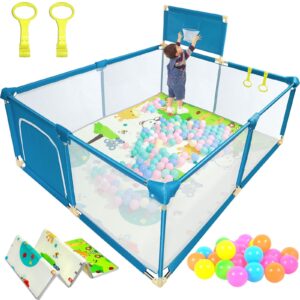 baby playpen for toddlers,71"x59" inch extra large playpen with non-slip suction cups, 2 handle loops, ocean ball and animal pattern crawling mat,sturdy and safe playpen with basketball hoop.