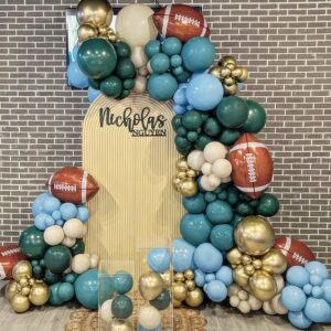 football balloons arch garland kit 150pcs dark green dusty blue sand white balloons rugby mylar balloons for boho super bowl eagle first touch down birthday party baby shower decoration