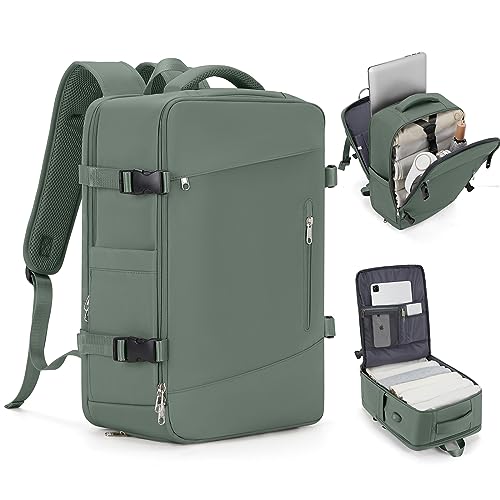 Large Travel Backpack for Women Carry On Airline Flight Approved Expandable Work Personal Item size Backpack Bag with Laptop compartment for College Men Waterproof Hiking Mochila de Viaje Green