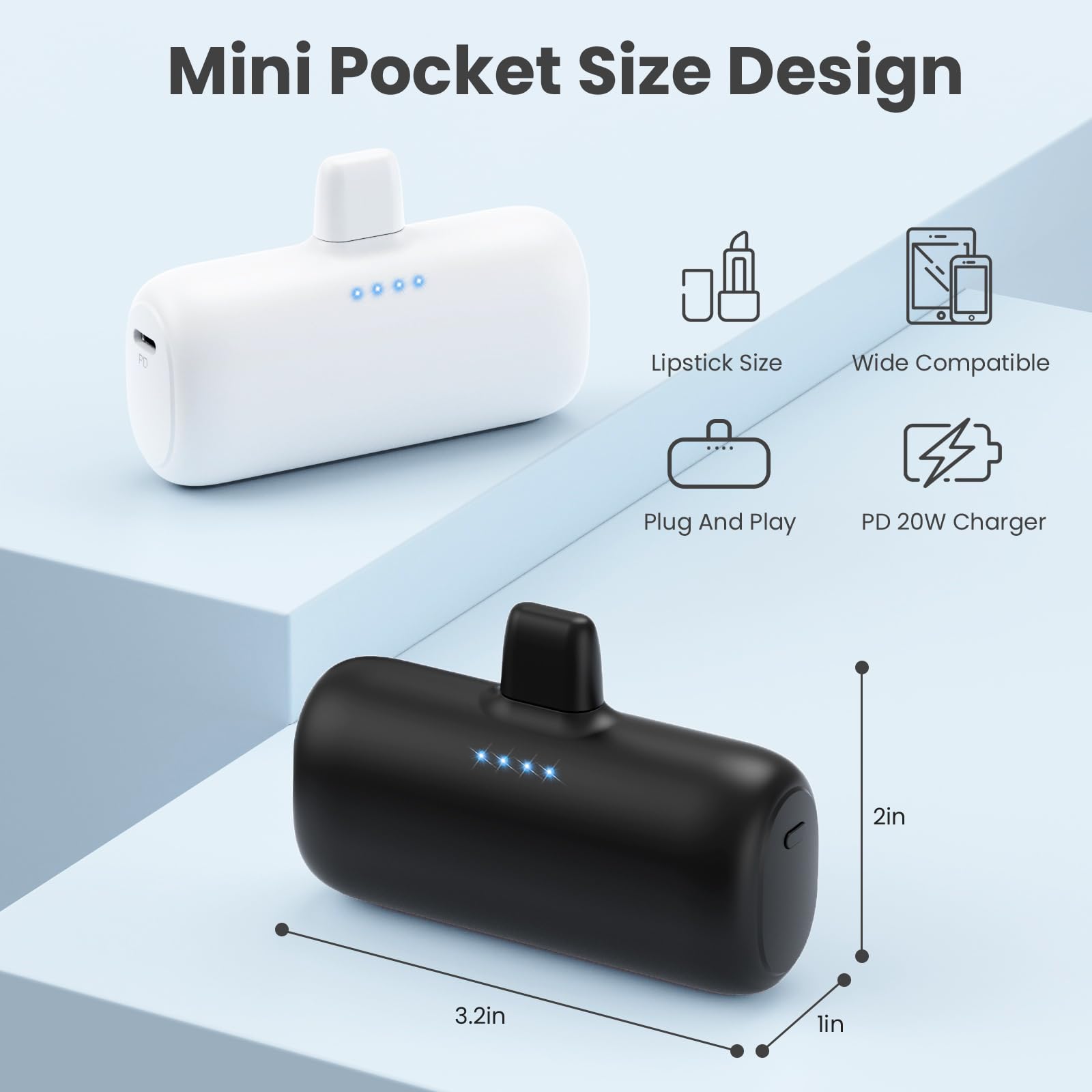 [2-Pack] Mini Portable Charger for iPhone,5200mAh Ultra Compact PD Fast Charging Power Bank,Plug-in Battery Pack Travel Cordless Phone Charger,Compatible with iPhone 14/14Pro/13/12/11/X/8/7/6plus etc