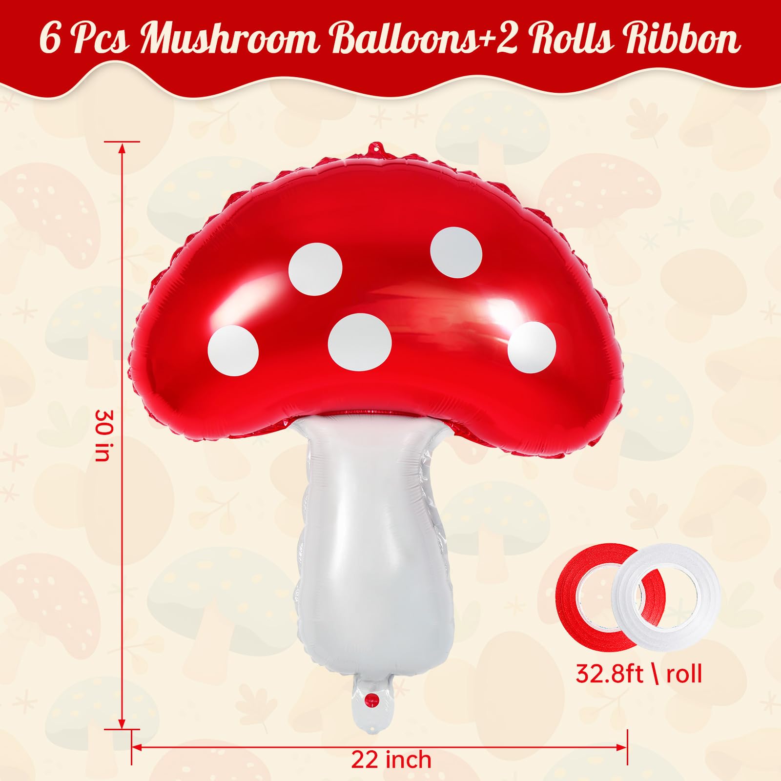 Mushroom Balloons, 6 Pcs Cute Mushroom Foil Balloons, 31 Inch Large Mushroom Shaped Birthday Balloons for Forest Plant Themed Party Decoration Wedding Baby Shower Gender Reveal