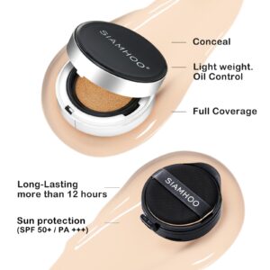 SIAMHOO Air Cushion CC Cream Foundation Makeup Primer Sunscreen SPF50+ Full Coverage Lightweight Long-lasting Oil Control for All Skin Types, Refill Included, 0.53 Oz x 2 (Natural)