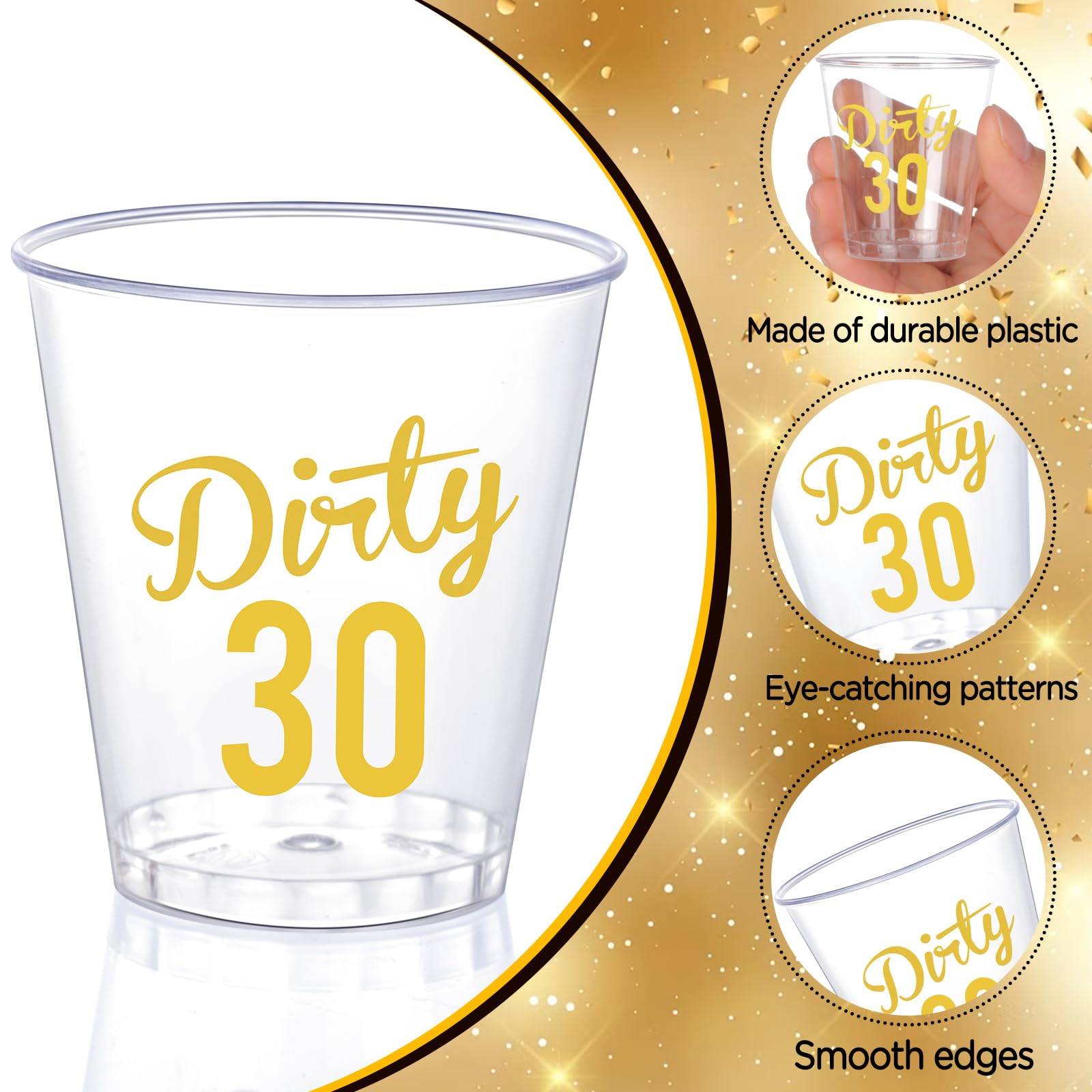RUMIA 100 Pcs 30th Birthday Shot Glasses 30th Birthday Decorations for Men Women Dirty 30 Birthday Shot Glasses 2 oz Plastic Disposable Cups 30th Birthday Party Favors Gifts Anniversary Wedding Décor