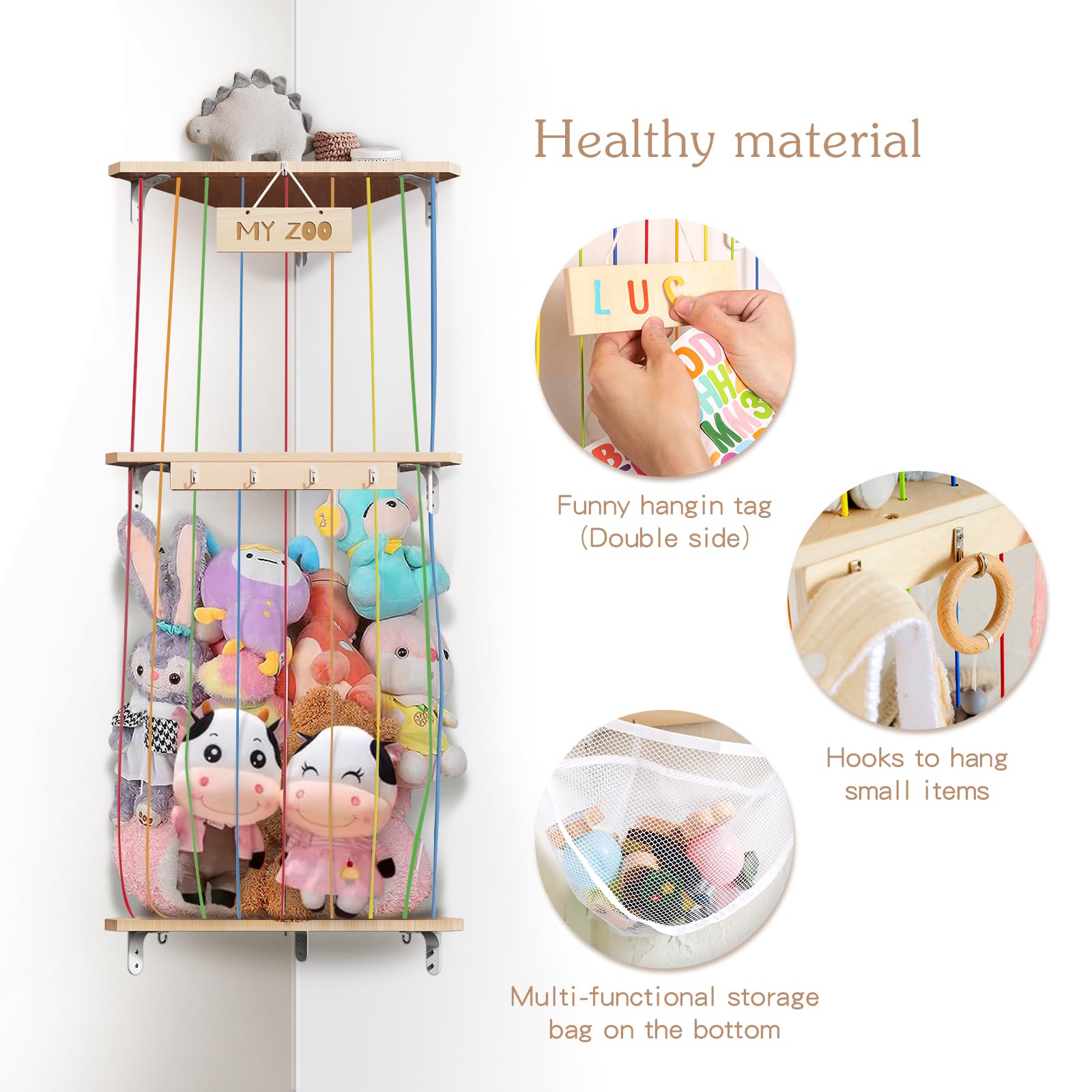 Stuffed Animal Storage Wood Soft Toy Shelf with Hooks and Mesh Organizer 3-in-1 Splice and Length Adjustable Hanging Stuffed Animal Zoo Toy Organizer Shelf for Nursery Play Room Bedroom Kid Room