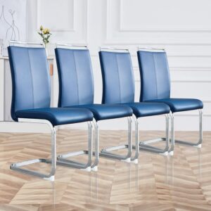 luspaz faux leather dining chairs set of 4, modern dining room chair kitchen chairs with upholstered seat, metal legs and high back, sillas para comedor, blue