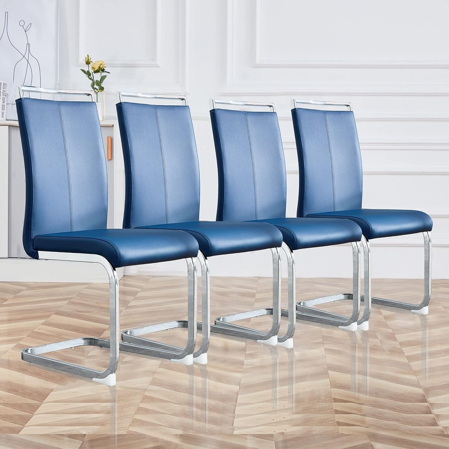 LUSPAZ Faux Leather Dining Chairs Set of 4, Modern Dining Room Chair Kitchen Chairs with Upholstered Seat, Metal Legs and High Back, Sillas para Comedor, Blue