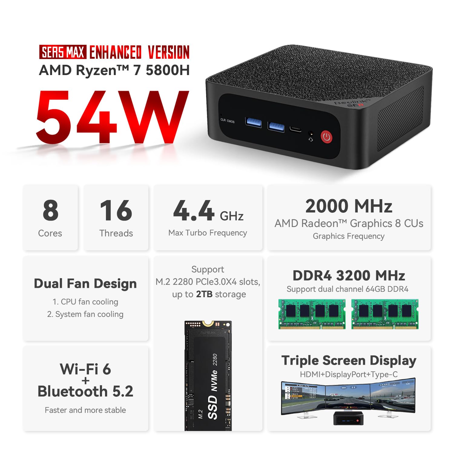 Beelink SER5 MAX Mini PC,AMD Ryzen 7 5800H(8C/16T,up to 4.4GHz,TDP 54W),Mini Computer with 16G DDR4 RAM/500GB M.2 NVMe 2280 SSD,Support 4K FPS/Triple Screen Display/WiFi 6/BT5.2/USB3.2/Dual Fans