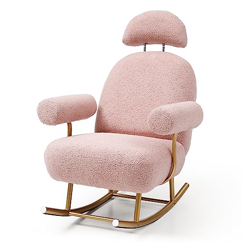 Indoor Rocking Chair for Nursery Big and Tall Rocking Chair Modern Sherpa Nursery Rocker Glider Comfortable Accent Upholstered Rocking Chair Leisure Sofa Chair for Bedroom Living Room, Dark Pink