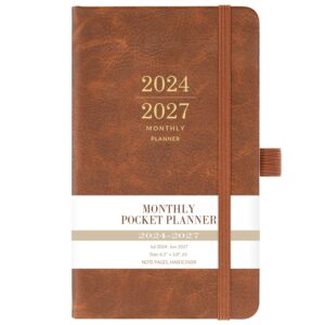2024-2027 monthly pocket planner - 3 year pocket calendar, faux leather cover, jul 2024 - jun 2027, 3.8" × 6.3", pen holder, 2 bookmarks, back pocket