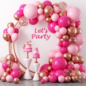 yaowky 124pcs pink balloon arch garland kit with different size 18 12 10 5 inch pastel hot pink metallic rose gold confetti balloons for princess theme wedding valentine's day party decorations