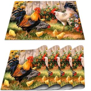 BOKEKANG Rooster Hen and Chickens Placemats Set of 4 PVC Roosters Table Mats Non-Slip Heat Resistant Chicken Place Mats Washable for Home Kitchen Dining Table