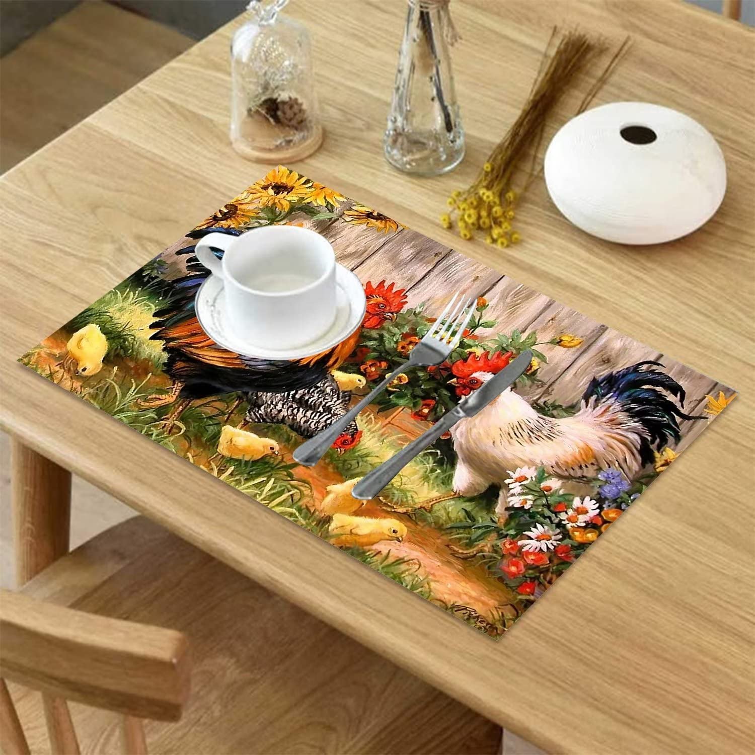 BOKEKANG Rooster Hen and Chickens Placemats Set of 4 PVC Roosters Table Mats Non-Slip Heat Resistant Chicken Place Mats Washable for Home Kitchen Dining Table