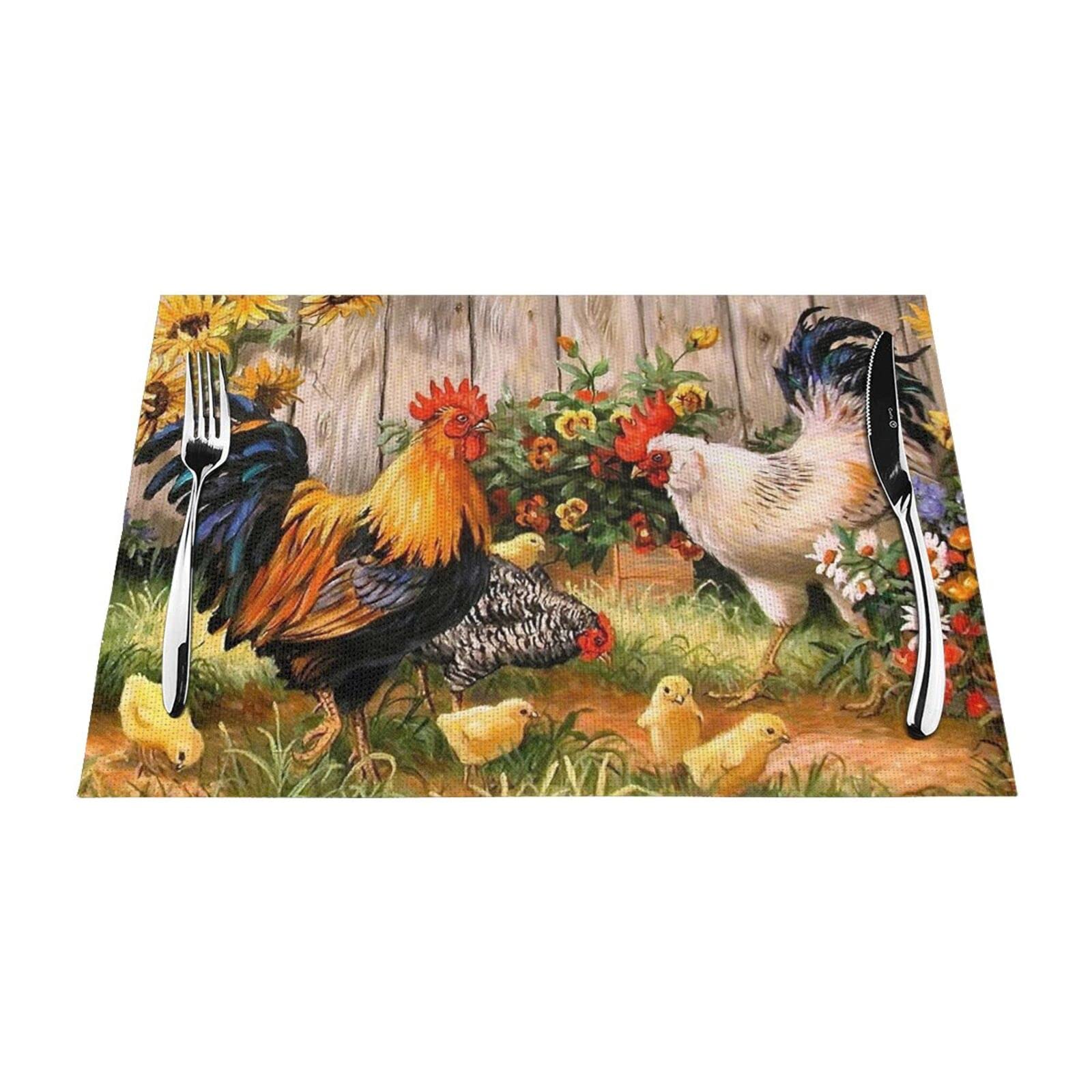 BOKEKANG Rooster Hen and Chickens Placemats Set of 4 PVC Roosters Table Mats Non-Slip Heat Resistant Chicken Place Mats Washable for Home Kitchen Dining Table